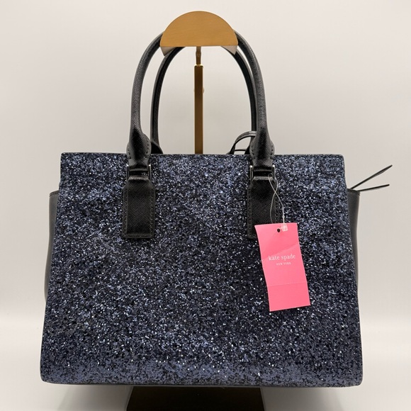 Kate Spade NWT Cameron Street Glitter Satchel Tote Black Navy Sparkly Crossbody - Picture 3 of 14